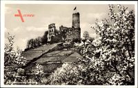 Schriesheim, Blick auf die Strahlenburg im Frühling, Äste, Felder, Turm