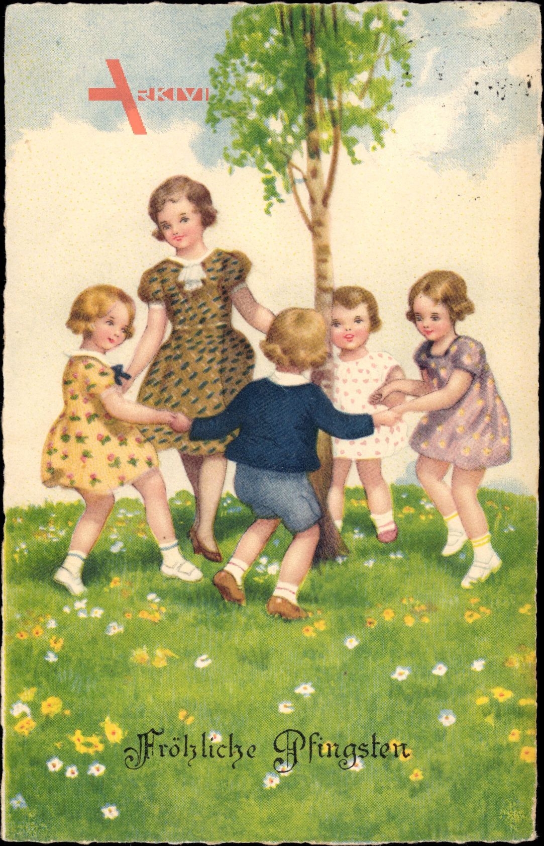 Glückwunsch Pfingsten, Kinder tanzen um einen Baum herum