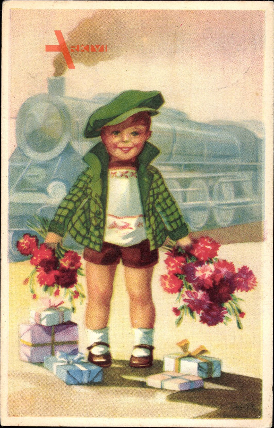Junge mit Nelkenstrauß und Geschenken vor einer Dampflok