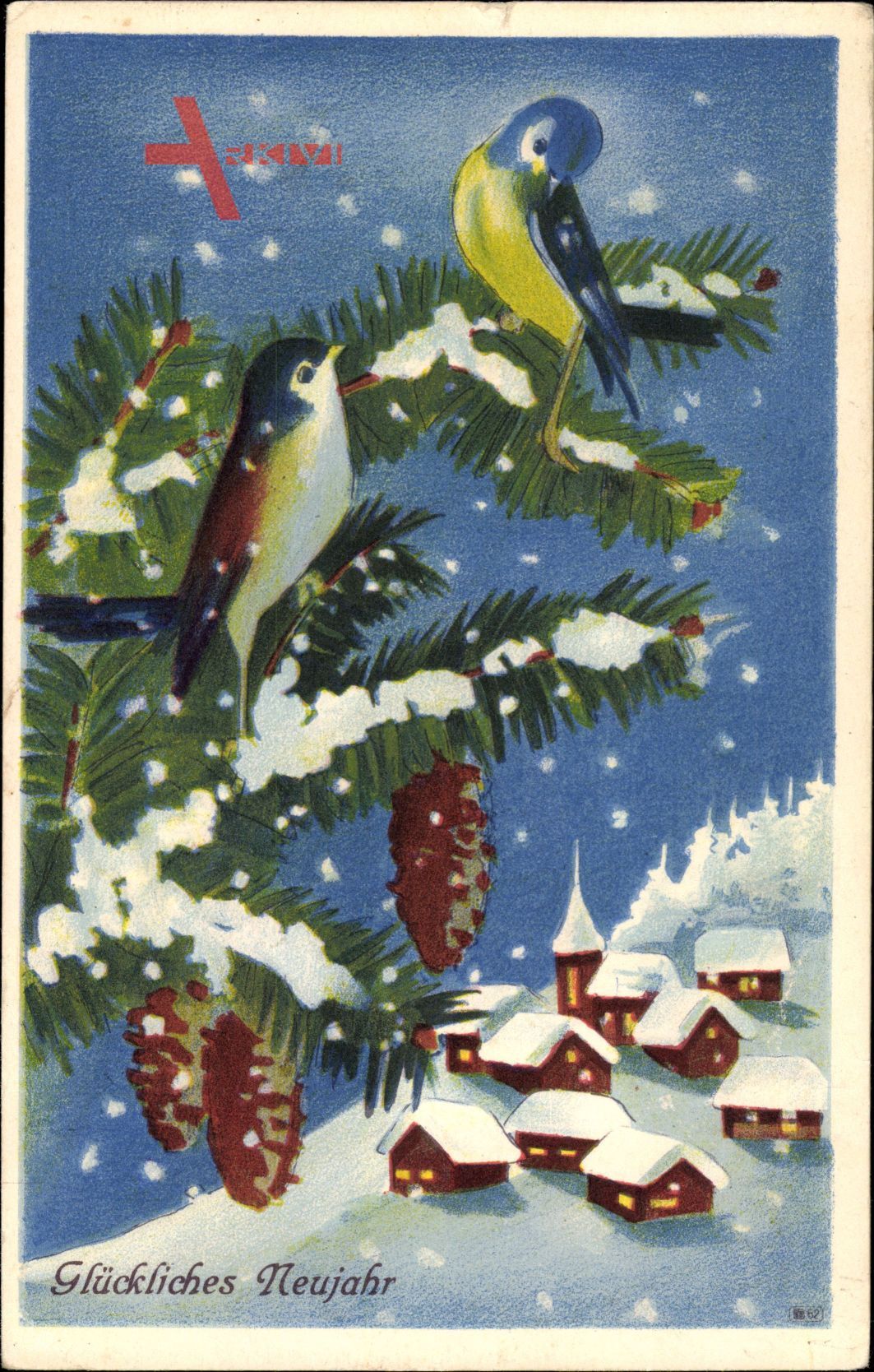 Glückwunsch Neujahr, Vögel auf einem Tannenzweig, Winterlandschaft