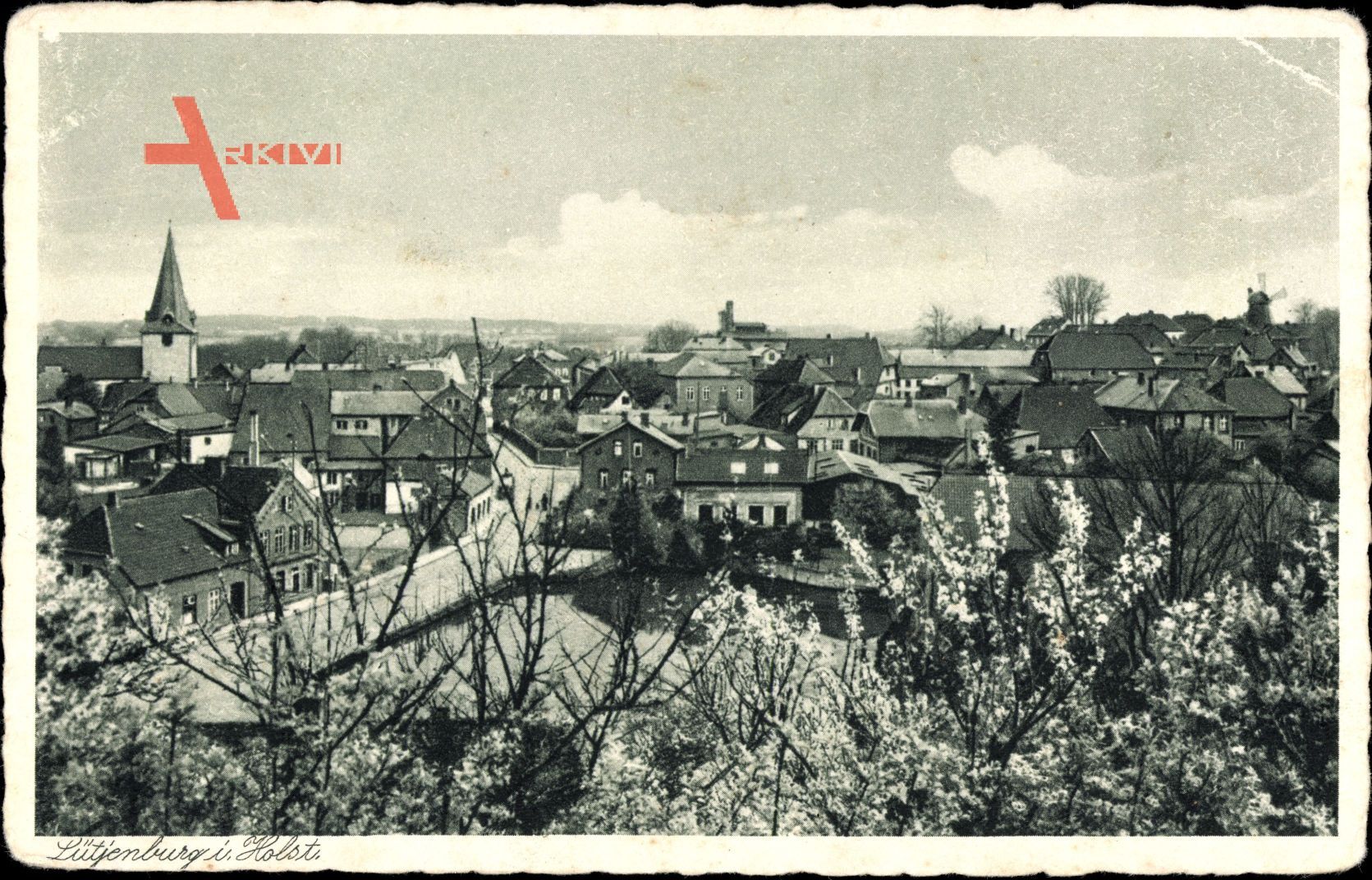Lütjenburg in Schleswig Holstein, Panoramaansicht mit Kirschblüten
