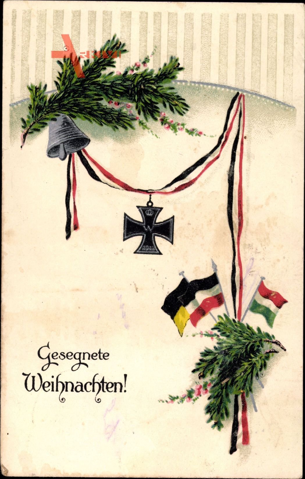 Glückwunsch Weihnachten, Glocke, eisernes Kreuz, Tannenzweige, Fahnen