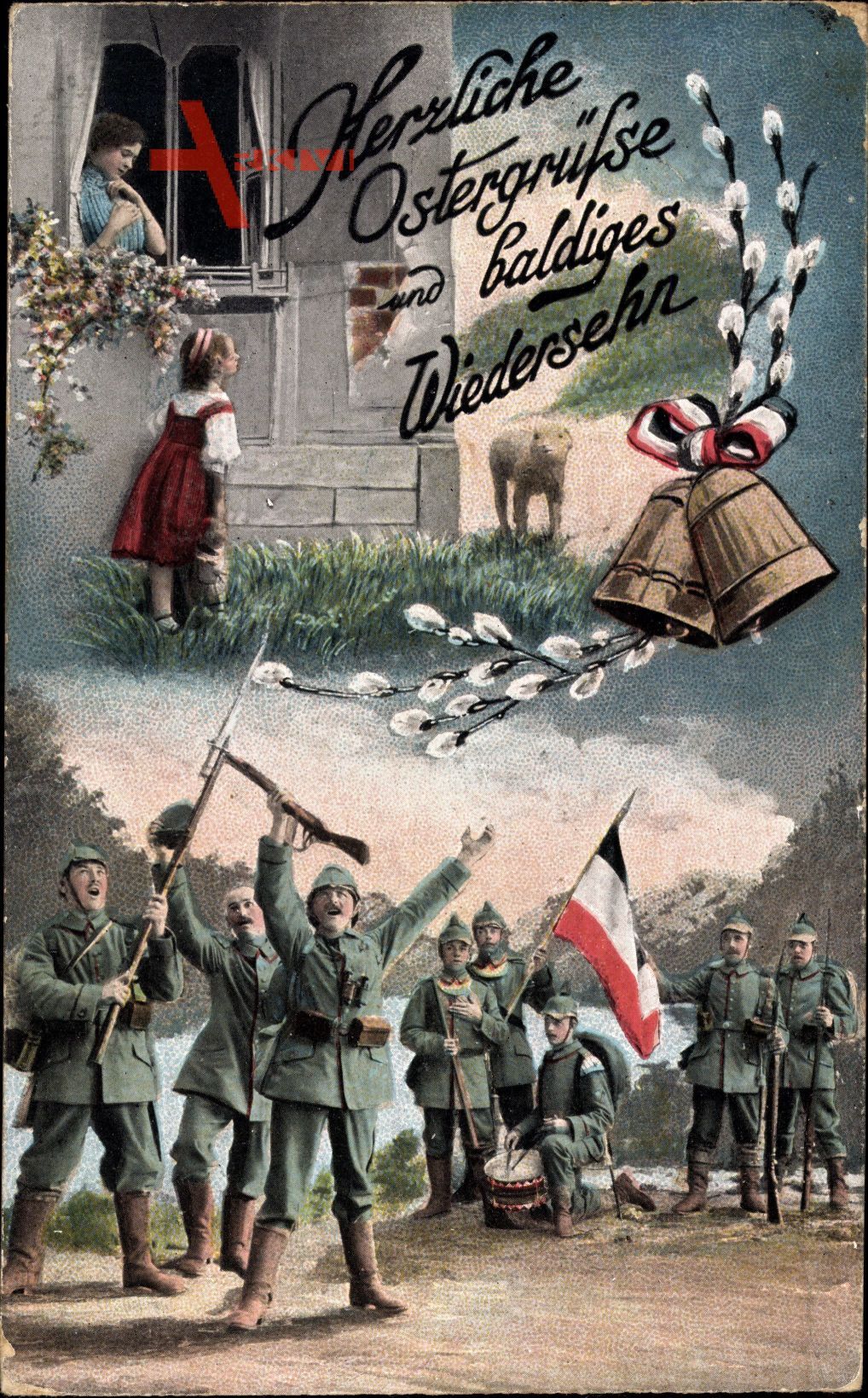 Glückwunsch Ostern, Weidenkätzchen, Glocken, Soldaten, Patriotik, Lamm