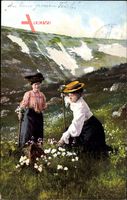 Der Frühling im Riesengebirge, An den Teichrändern, Frauen pflücken Blumen