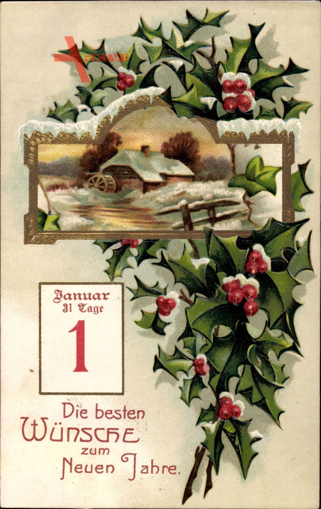 Glückwunsch Neujahr, Kalenderblatt, 1 Januar, Stechpalmenblätter