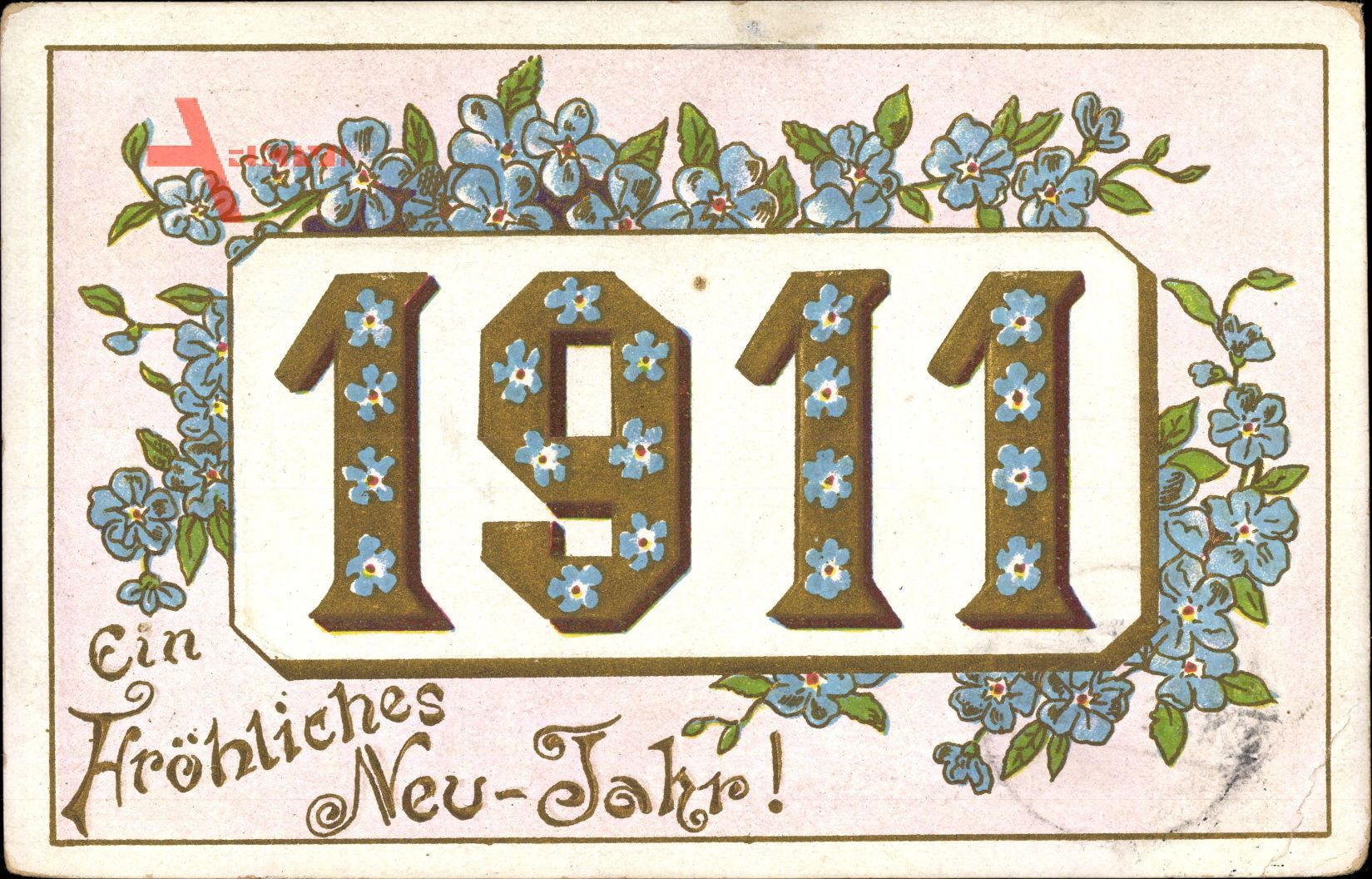 Glückwunsch Neujahr, Jahreszahl 1911, Kitsch, Vergissmeinnicht
