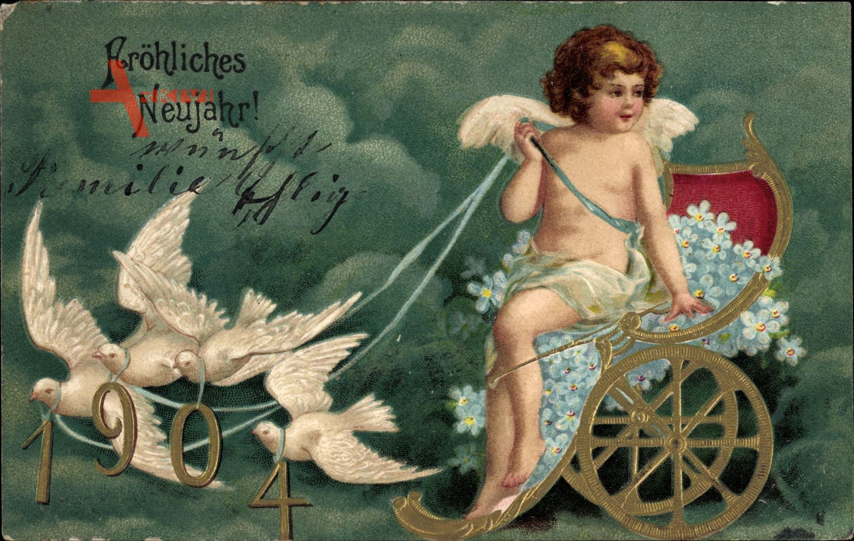 Glückwunsch Neujahr, Engel, Kutsche, Jahreszahl 1904, Tauben