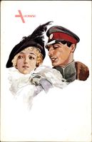 Soldat und Frau mit Pelzstola, Hut mit Feder, Soldatenliebe