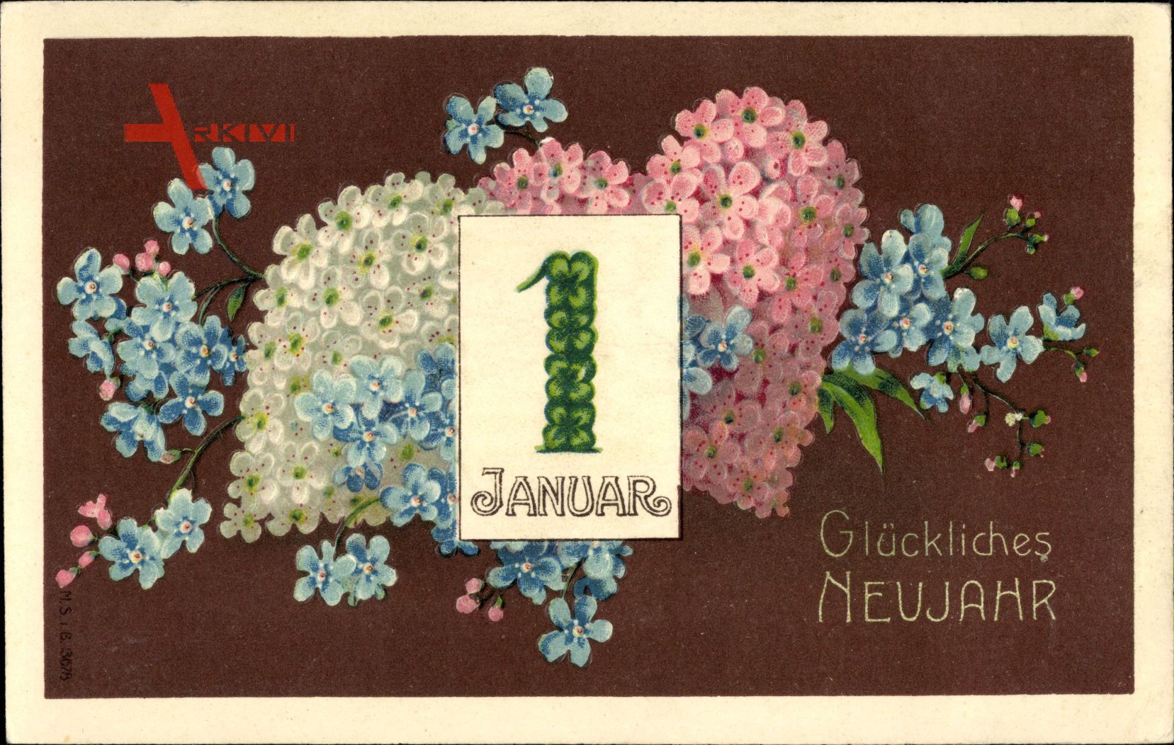 Glückwunsch Neujahr, Kalenderblatt 1. Januar, Blumen
