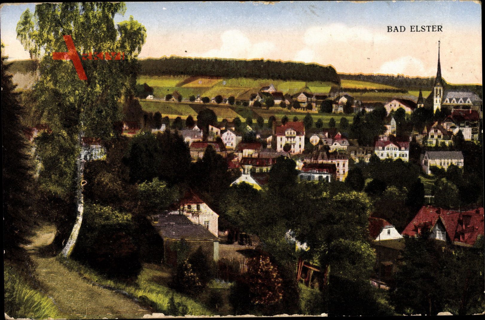 Bad Elster Vogtland, Stadtpanorama, Glockenturm, Häuser, Bäume, Felder