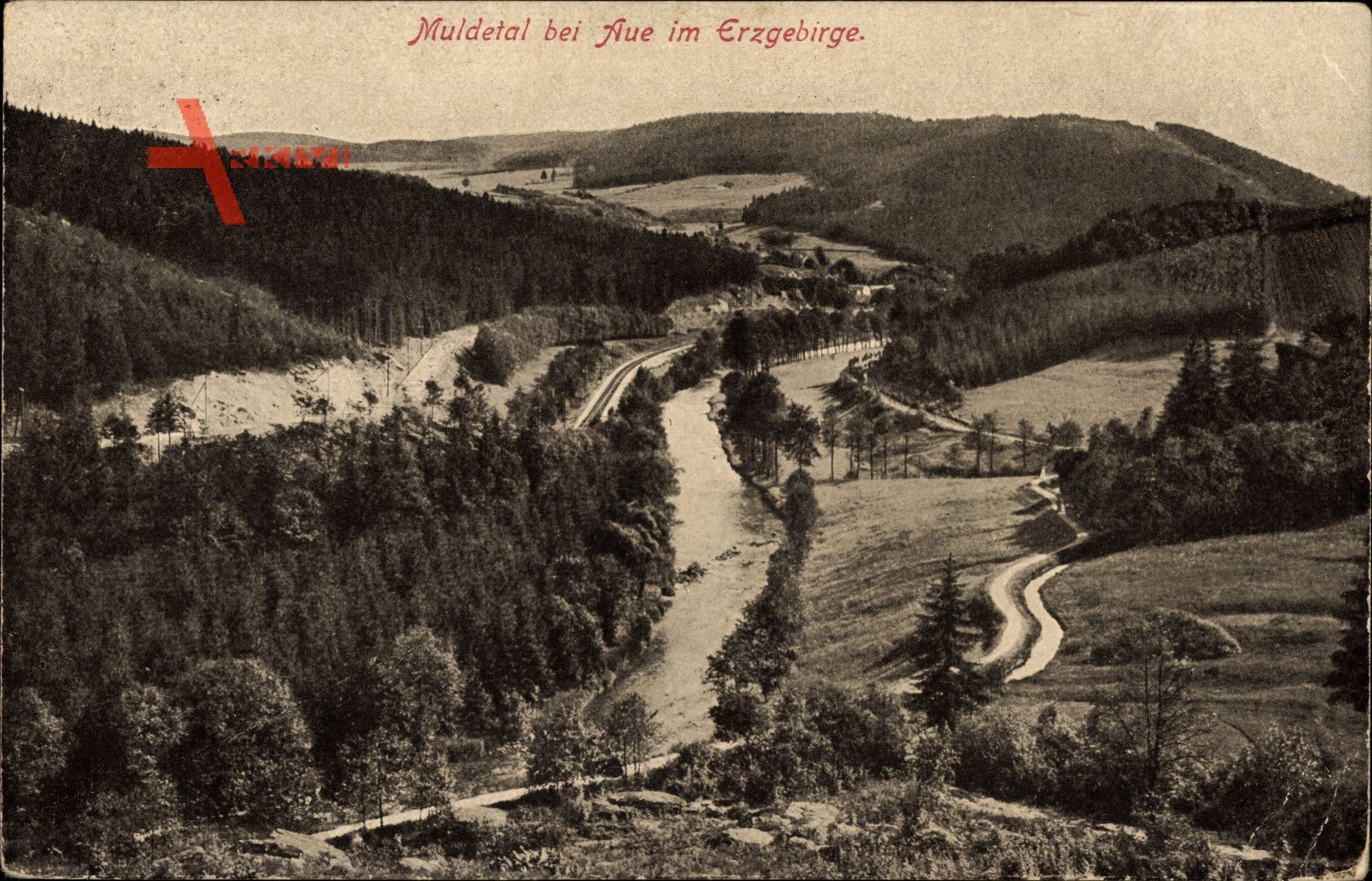 Aue im Erzgebirge, Partie im Muldetal, Flusslauf und Waldpartie