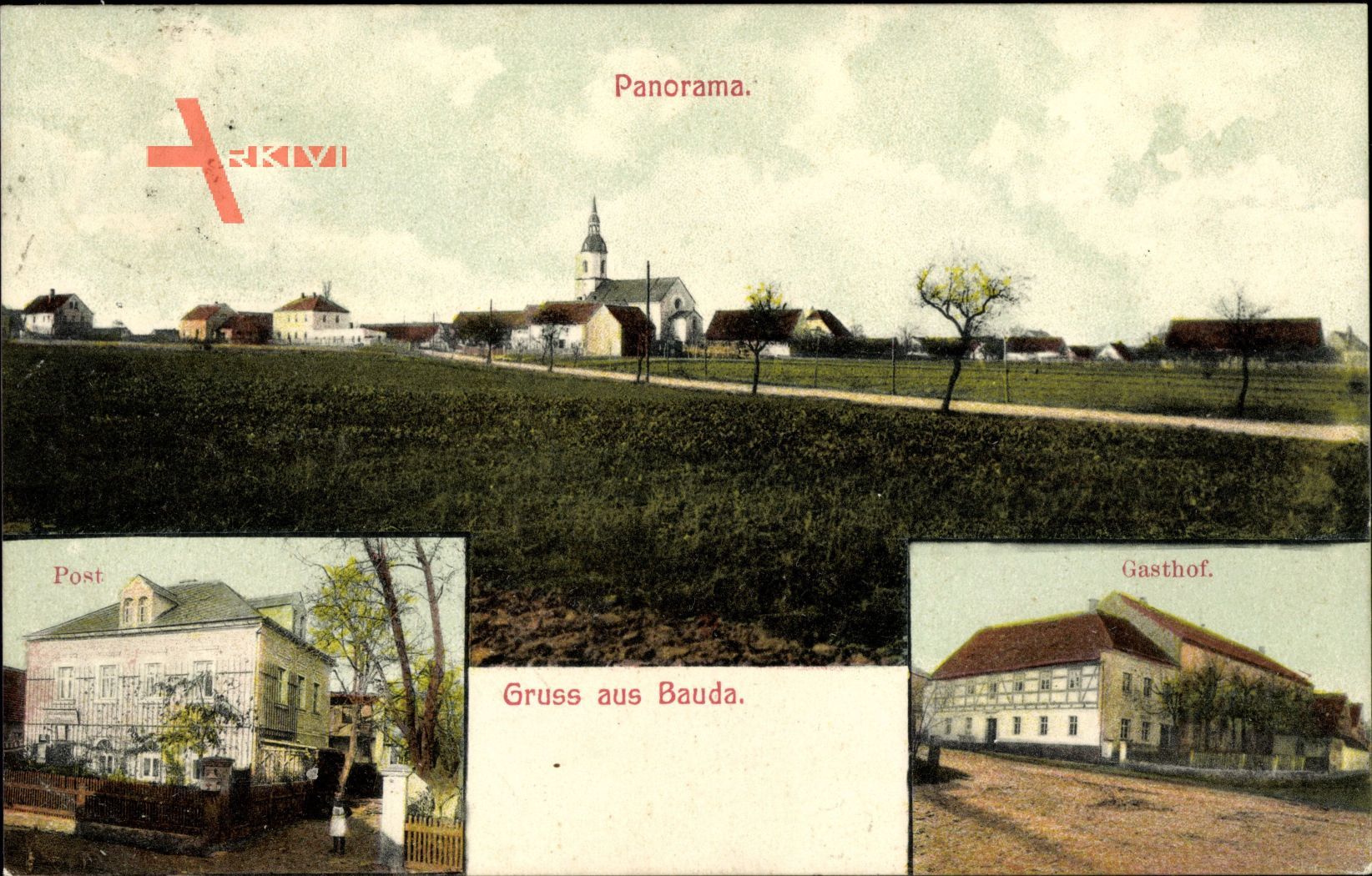 Bauda Großenhain Kr. Meißen, Post, Gasthof, Kirche, Totalanscht vom Ort