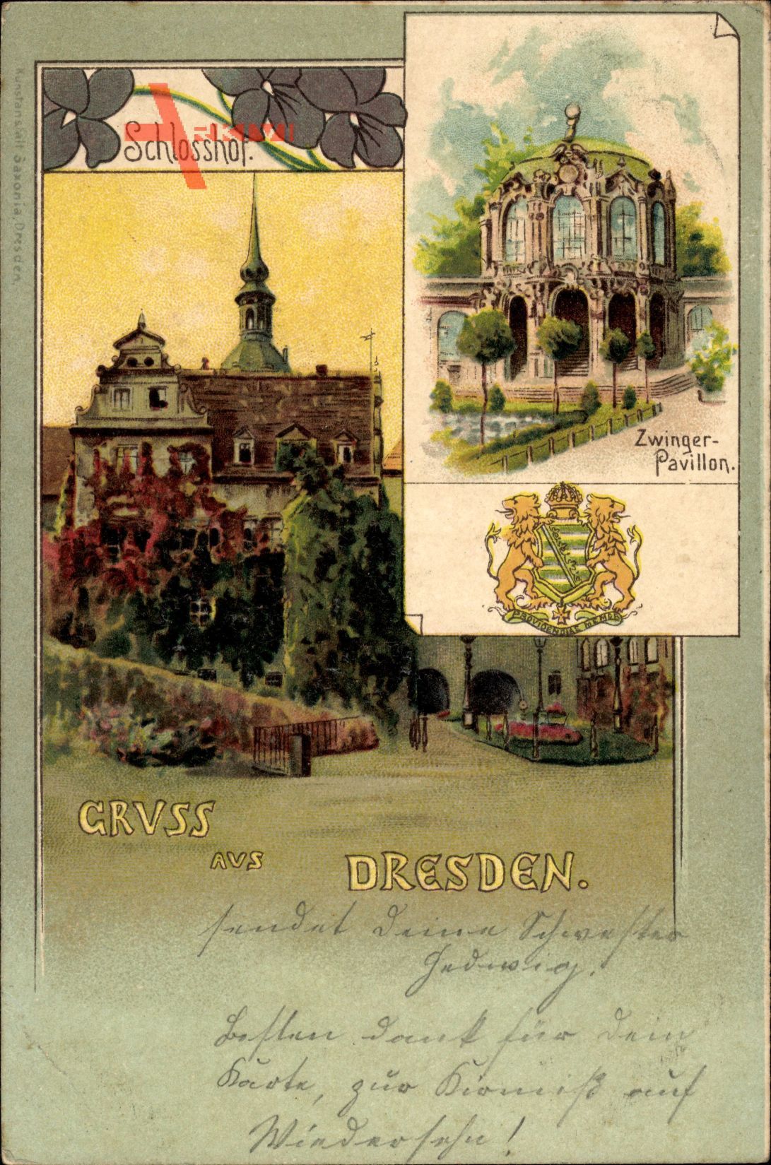 Dresden, Blick auf den Zwingerpavillon und Schlosshof, Wappen
