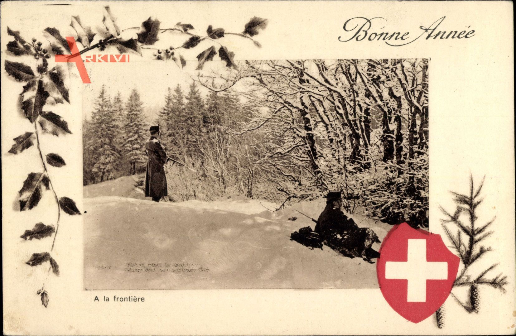 Glückwunsch Neujahr, Schweizer Grenzsoldaten halten Wache, Winter