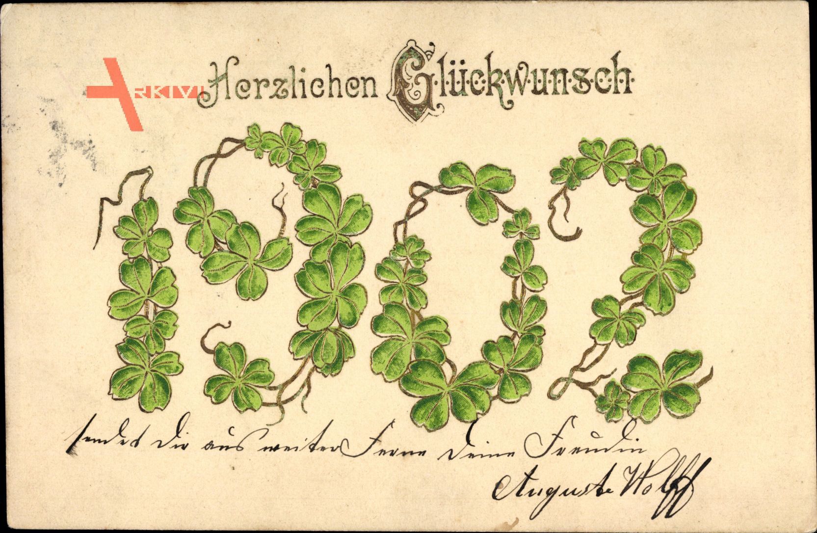 Glückwunsch Neujahr, Jahreszahl 1902, Kleeblätter