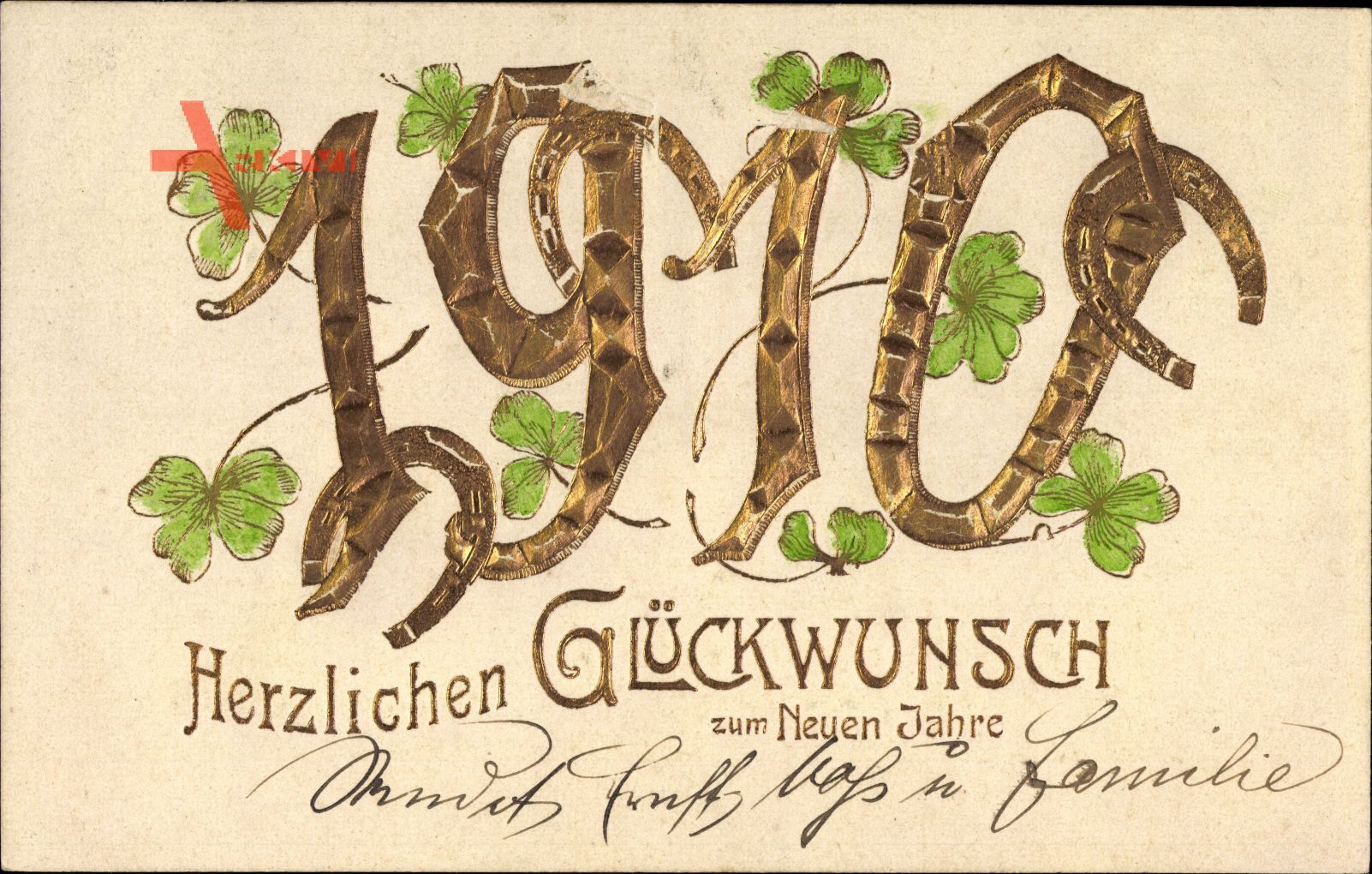 Glückwunsch Neujahr, Jahreszal 1910, Kleeblätter, Hufeisen