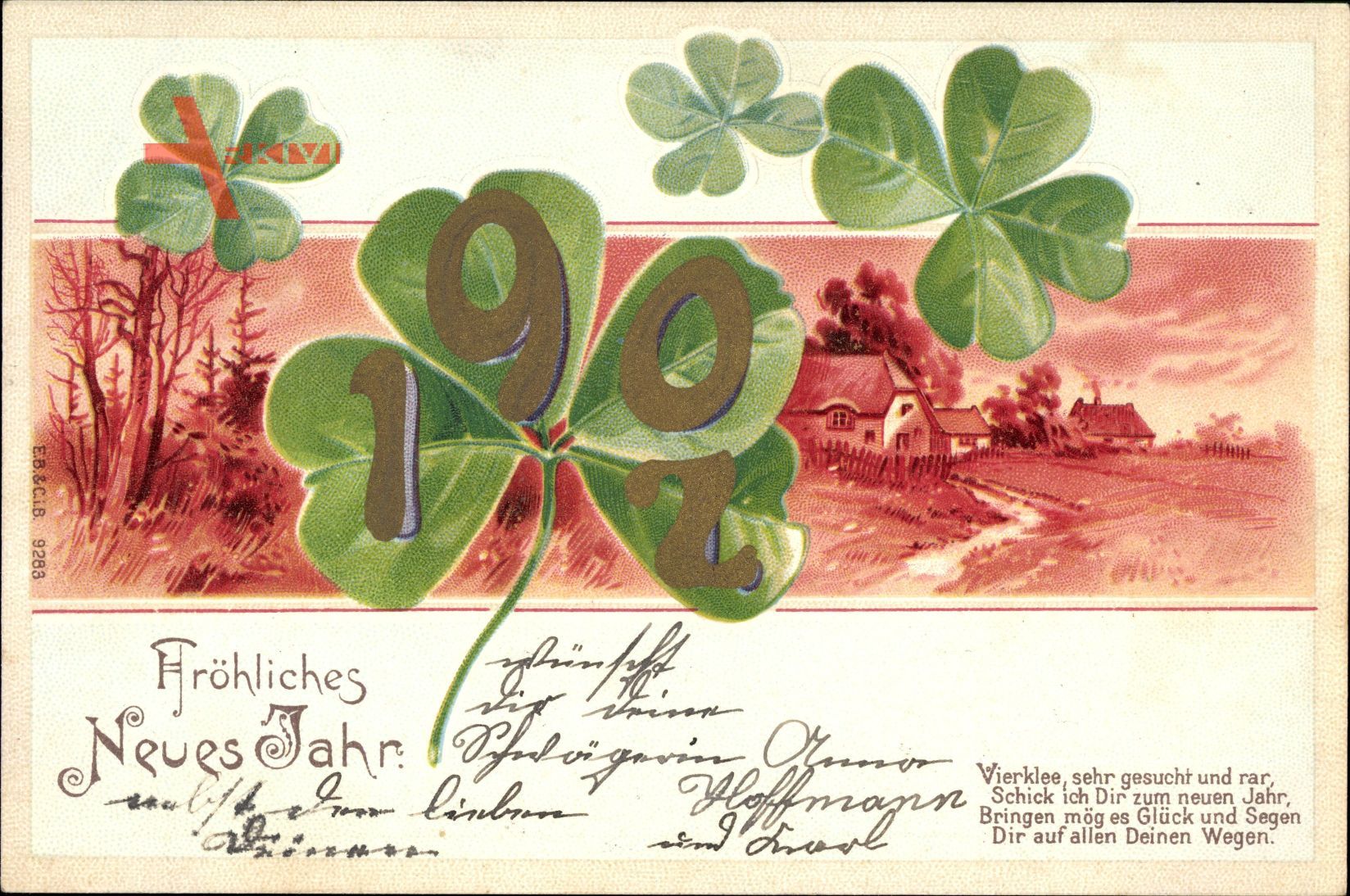 Glückwunsch Neujahr, Jahreszahl 1902, Kleeblätter, Kitsch