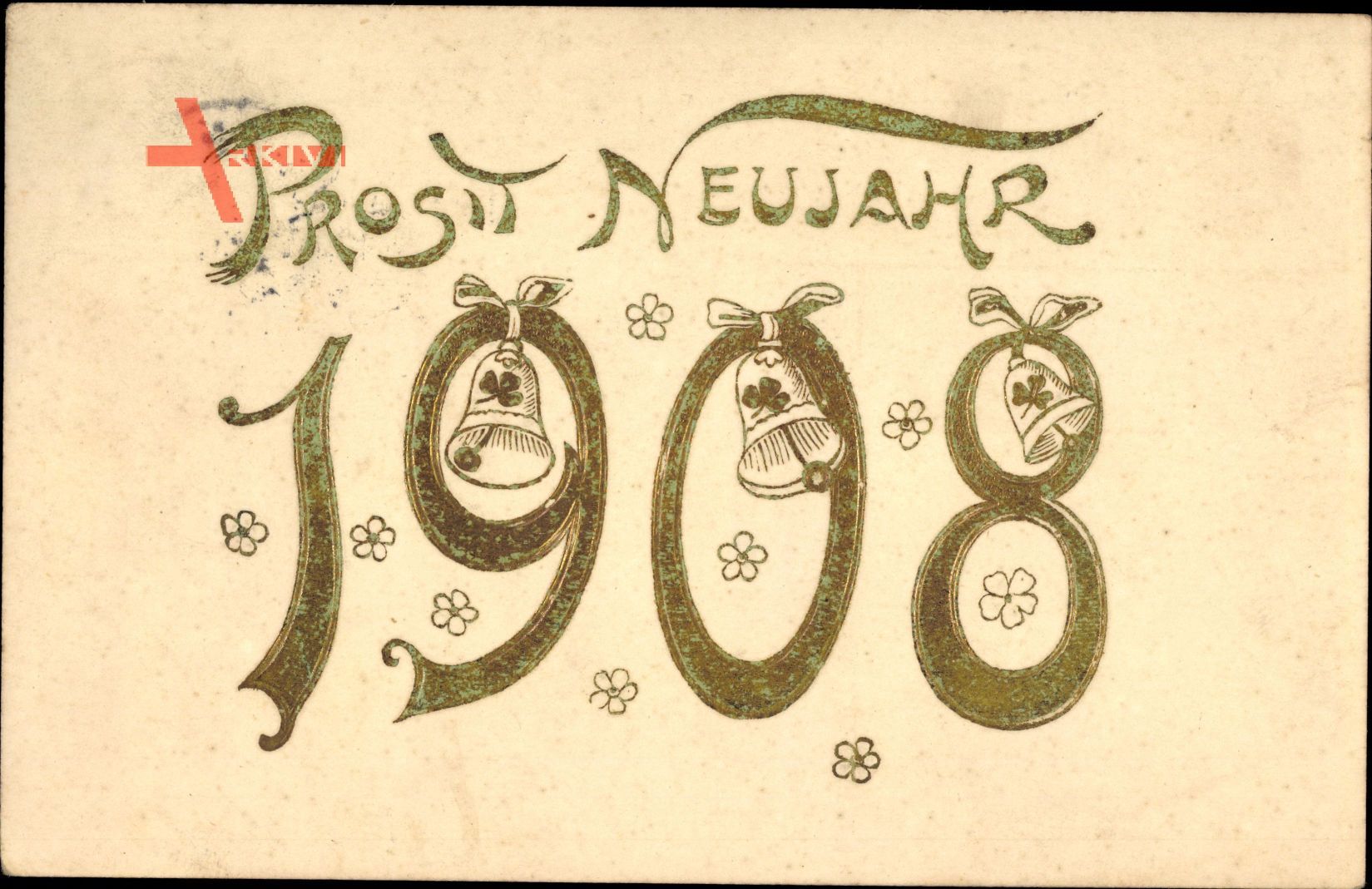 Glückwunsch Neujahr, Jahreszahl 1908, Glocken, Blumen