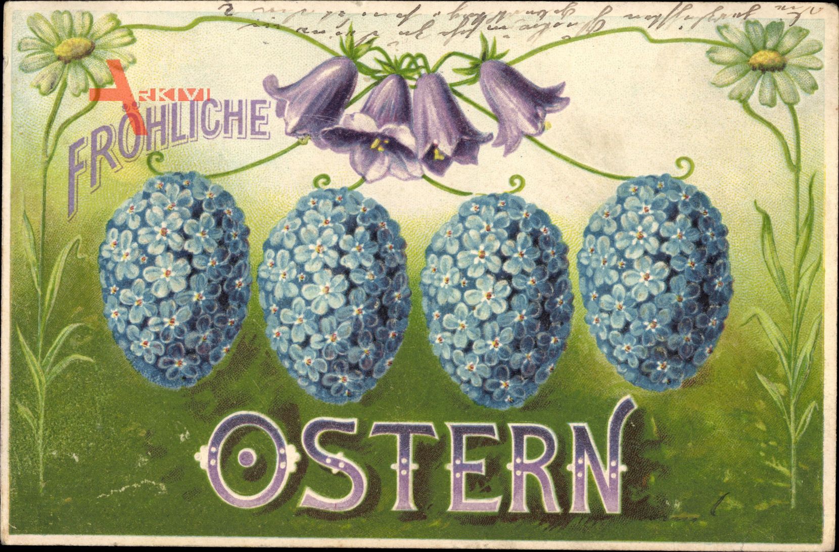 Glückwunsch Ostern, Ostereier aus Vergissmeinnicht, Glockenblumen