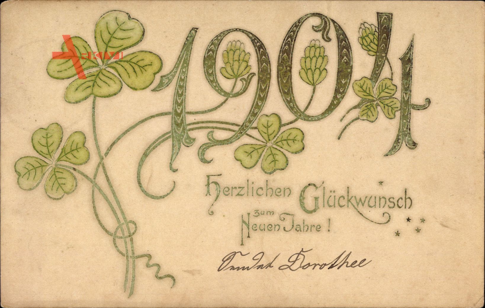 Glückwunsch Neujahr, Jahreszahl 1904, Kleeblätter