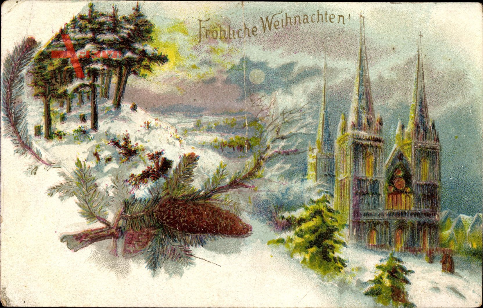 Frohe Weihnachten, Kirche im Winter, Tannenzapfen, Schnee, Nacht