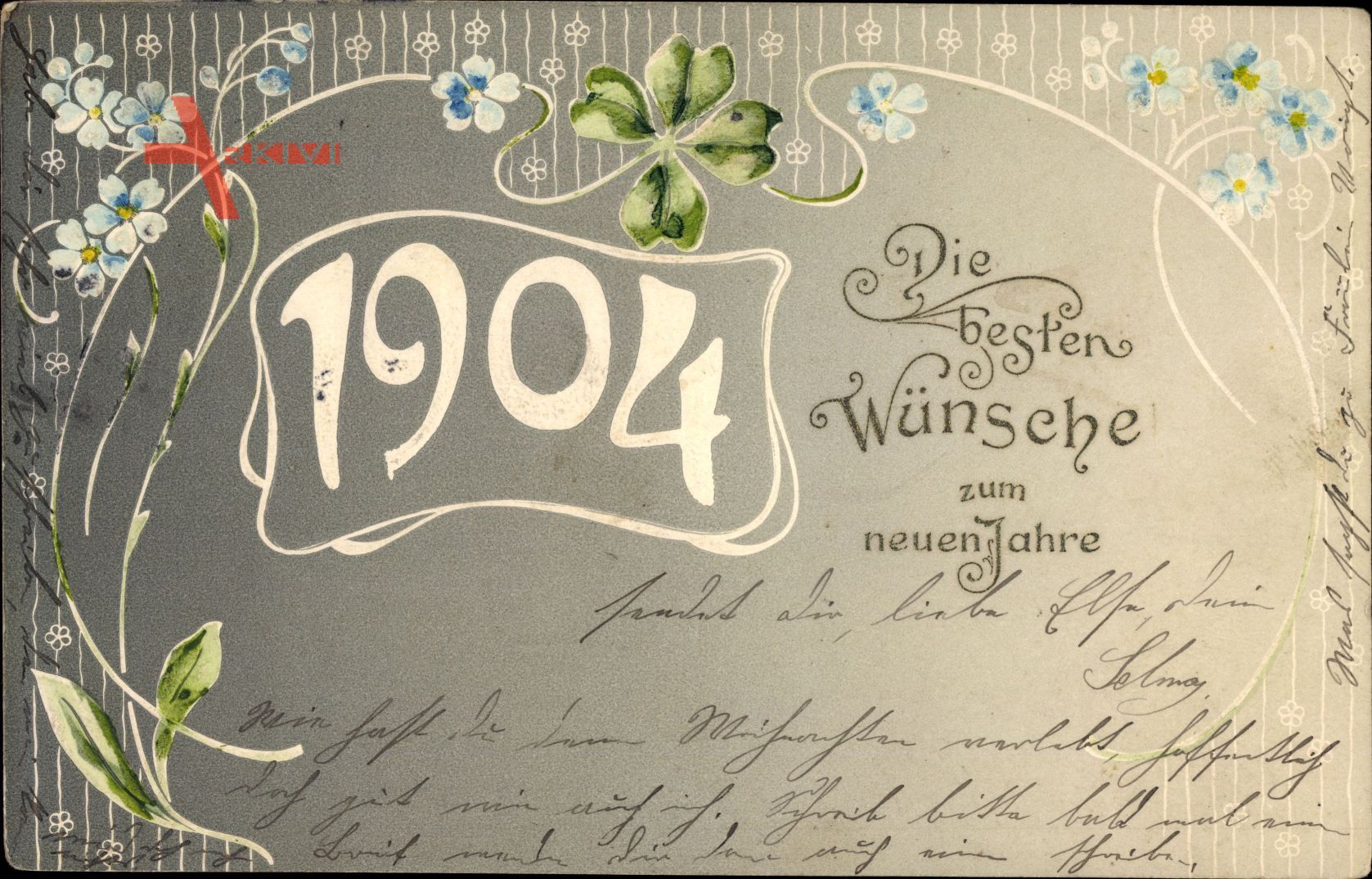 Jugendstil Glückwunsch Neujahr, Jahreszahl 1904, Kleeblatt