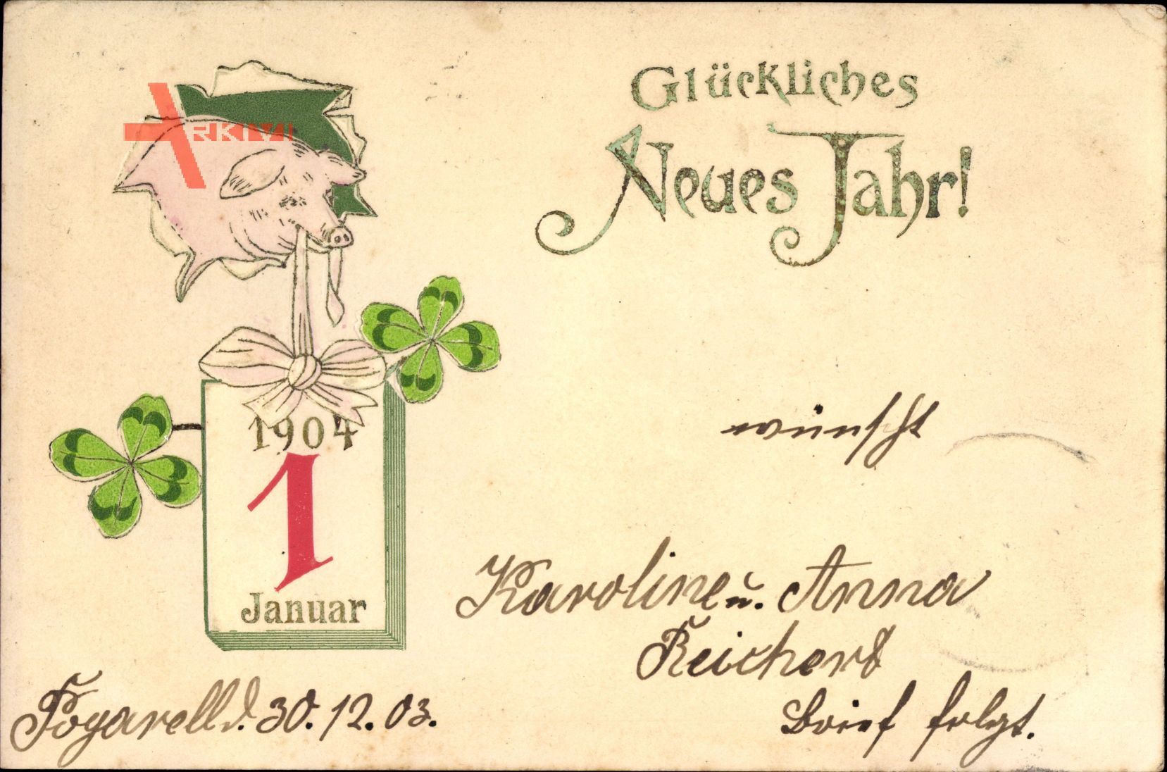 Glückwunsch Neujahr, Kalender, 1 Januar 1904, Schwein, Kleeblätter