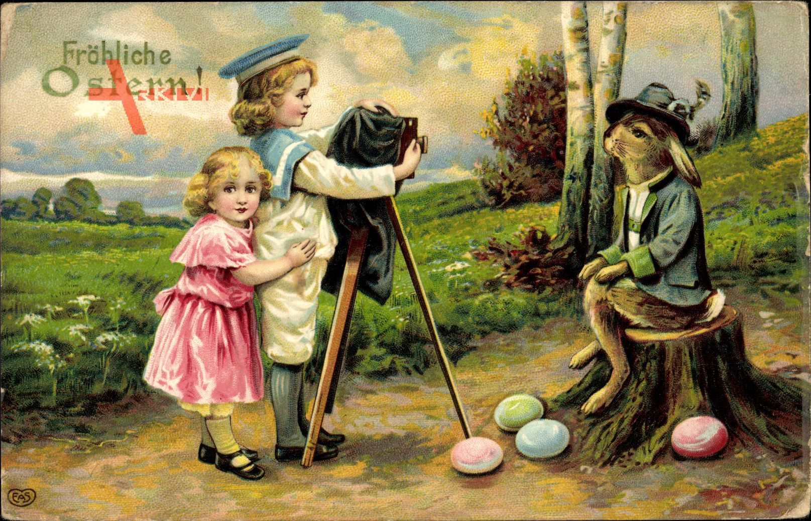 Glückwunsch Ostern, Osterhase, Fotoapparat, Kinder, Ostereier, EAS, Kitsch