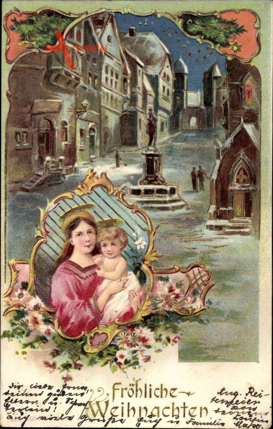 Frohe Weihnachten, Maria mit Jesuskind, Ort im Schnee, Winteridyll bei Nacht