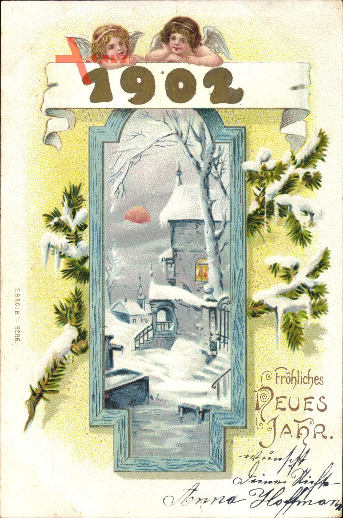 Glückwunsch Neujahr, Jahreszahl 1902, Zwei Engel, Ort im Schnee