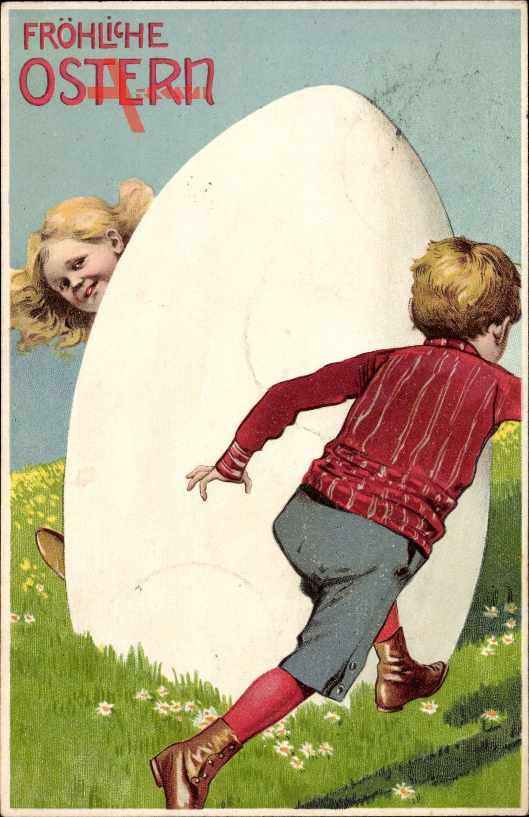 Glückwunsch Ostern, Zwei Kinder laufen um ein Osterei