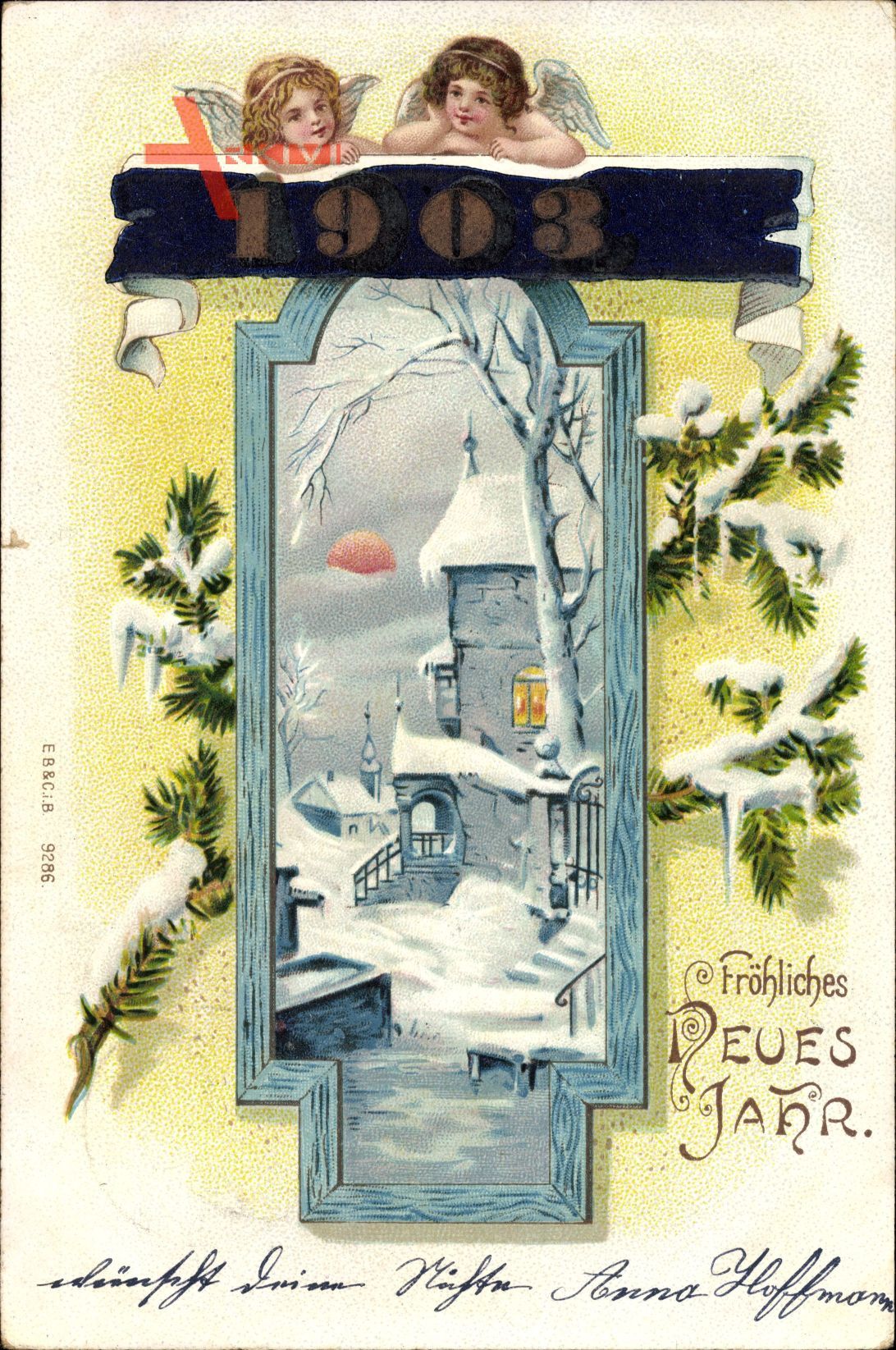 Glückwunsch Neujahr, Jahreszahl 1903, Engel, Ort im Winter