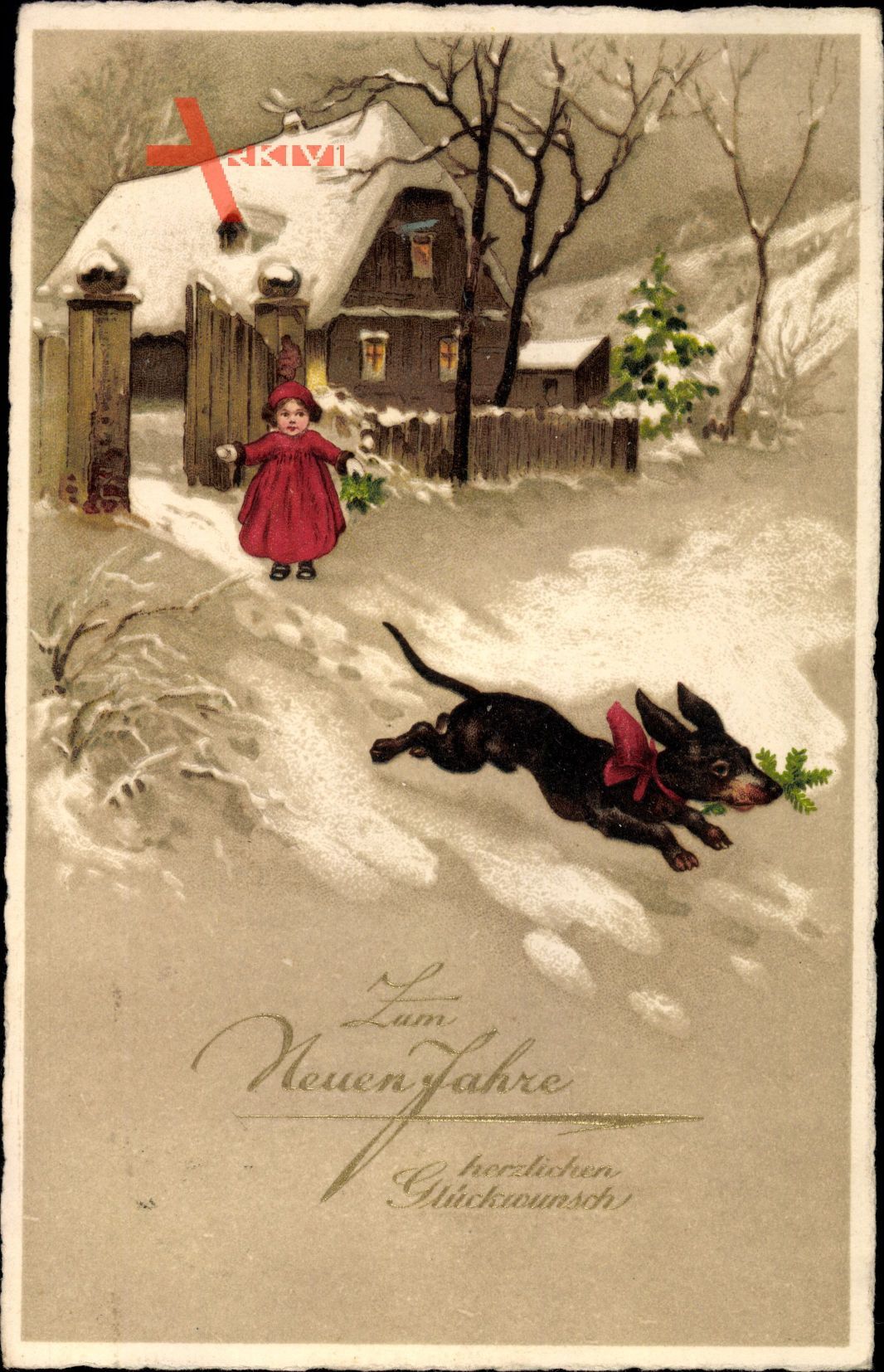 Glückwunsch Neujahr, Dackel mit Tannenzweig, Winter, Haus im Schnee