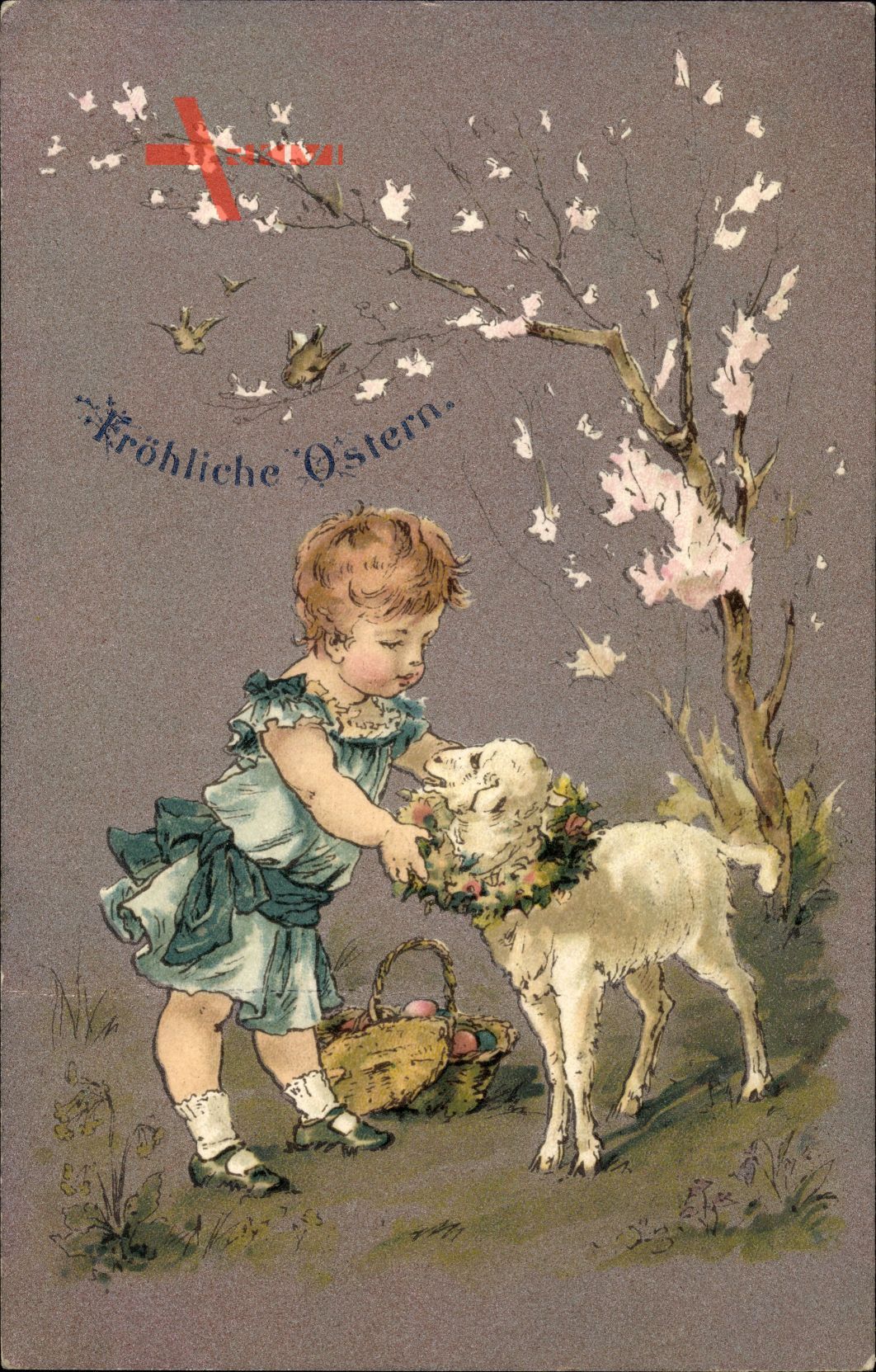 Glückwunsch Ostern, Kind mit Lamm, Ostereierkorb, Kitsch
