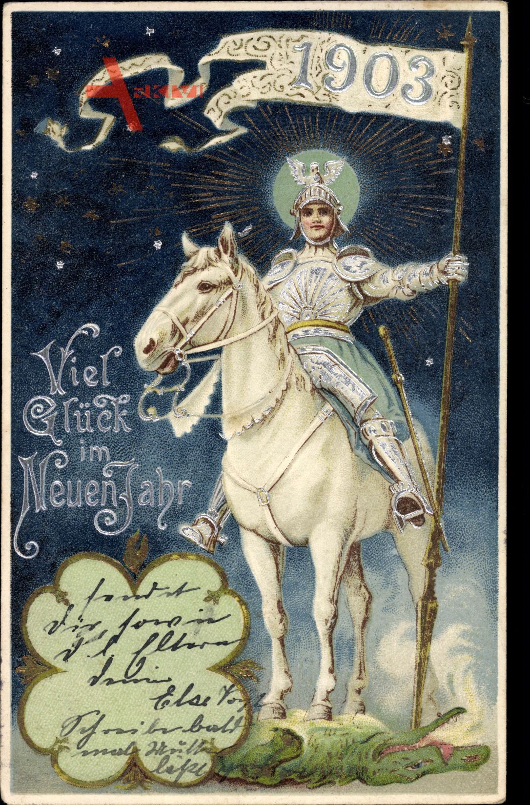 Glückwunsch Neujahr, Jahreszahl 1903, Weißer Ritter, Pferd, Klee