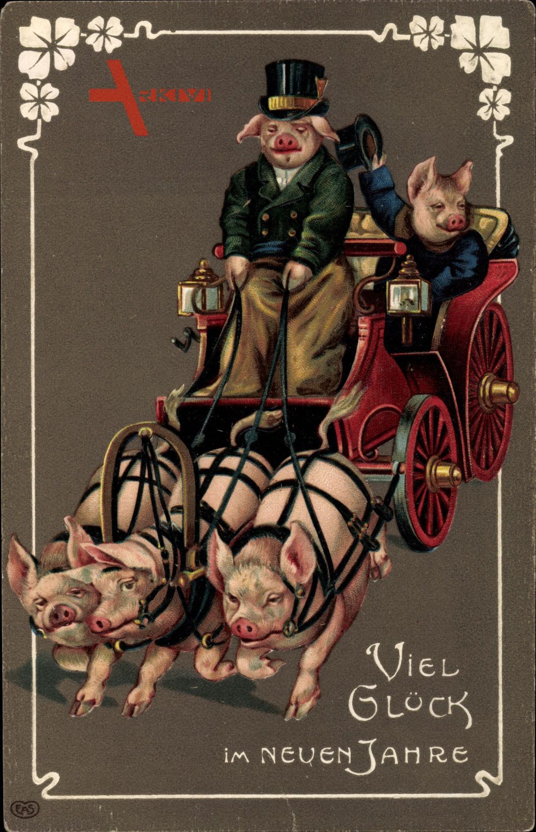 Glückwunsch Neujahr, Schweine fahren Kutsche, Schweine als Zugtiere