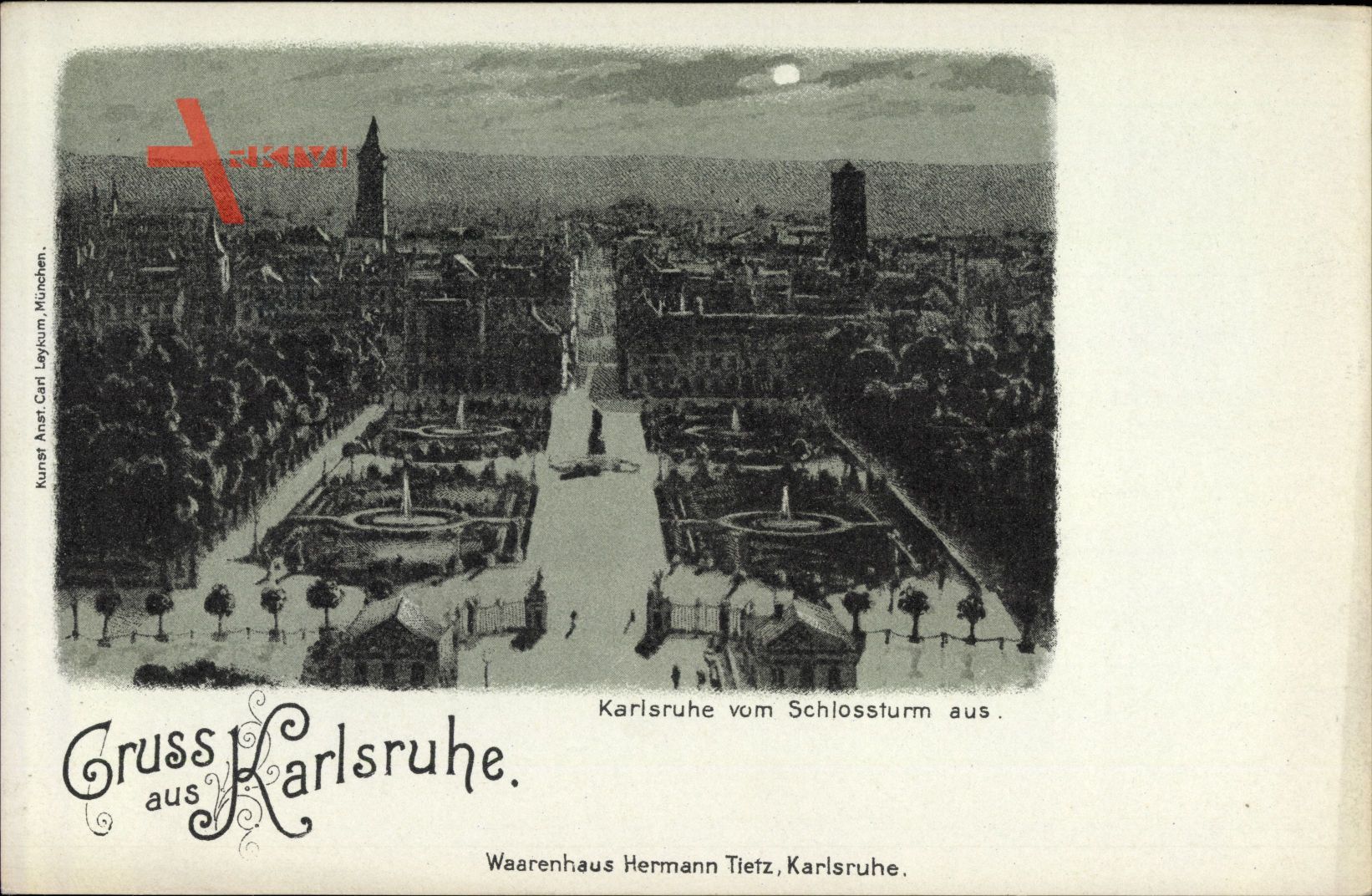 Mondschein Karlsruhe in Baden Württemberg, Blick auf Ort vom Schlossturm