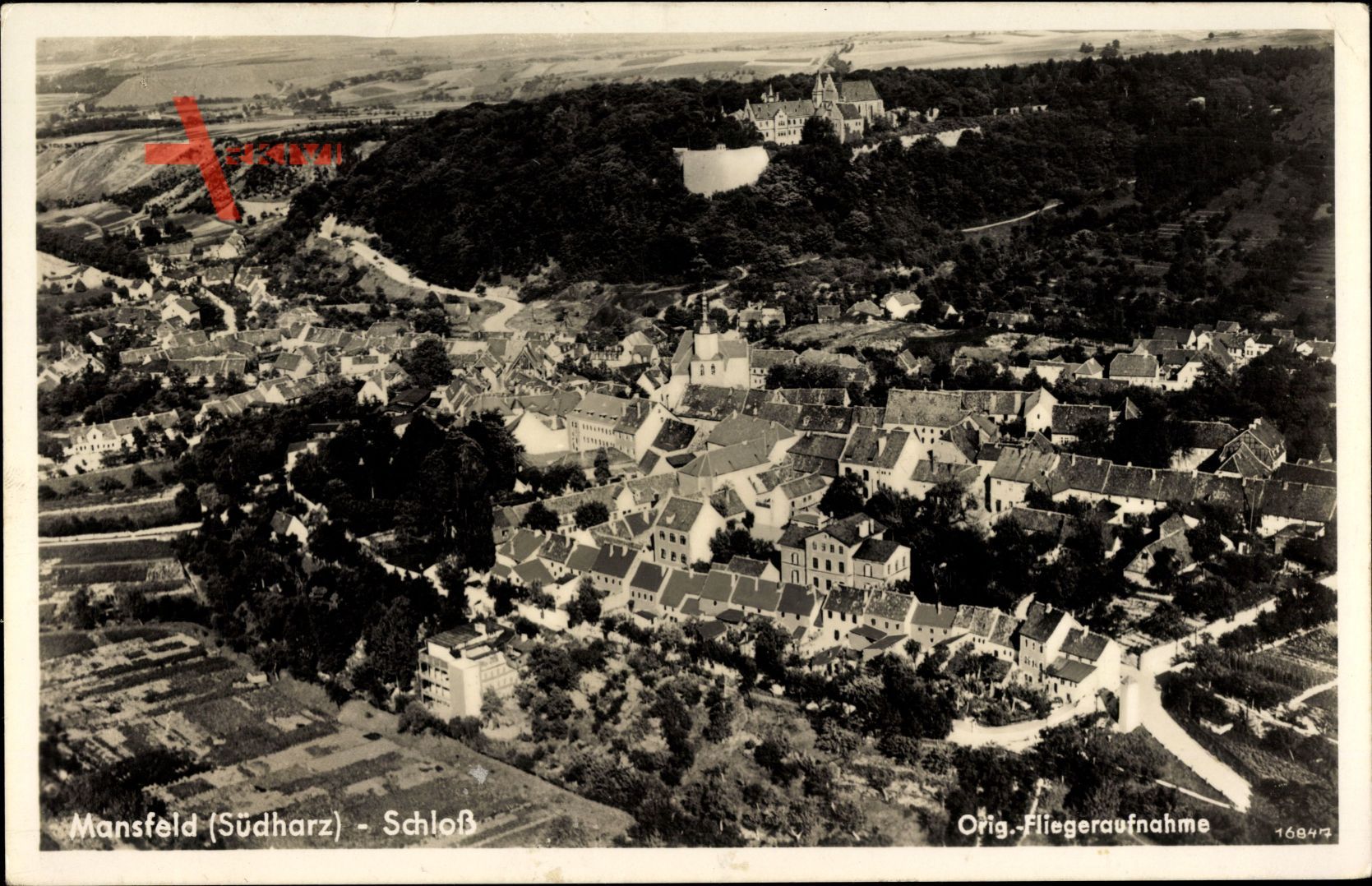 Mansfeld im Harzvorland, Fliegeraufnahme von Ort mit Schloss