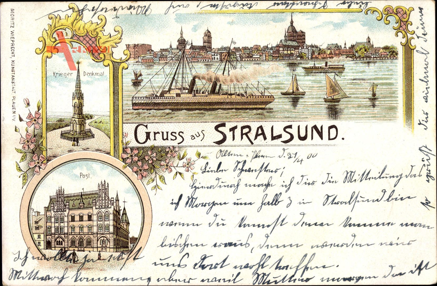 Stralsund in Mecklenburg Vorpommern, Dampfschiff, Post, Kriegerdenkmal