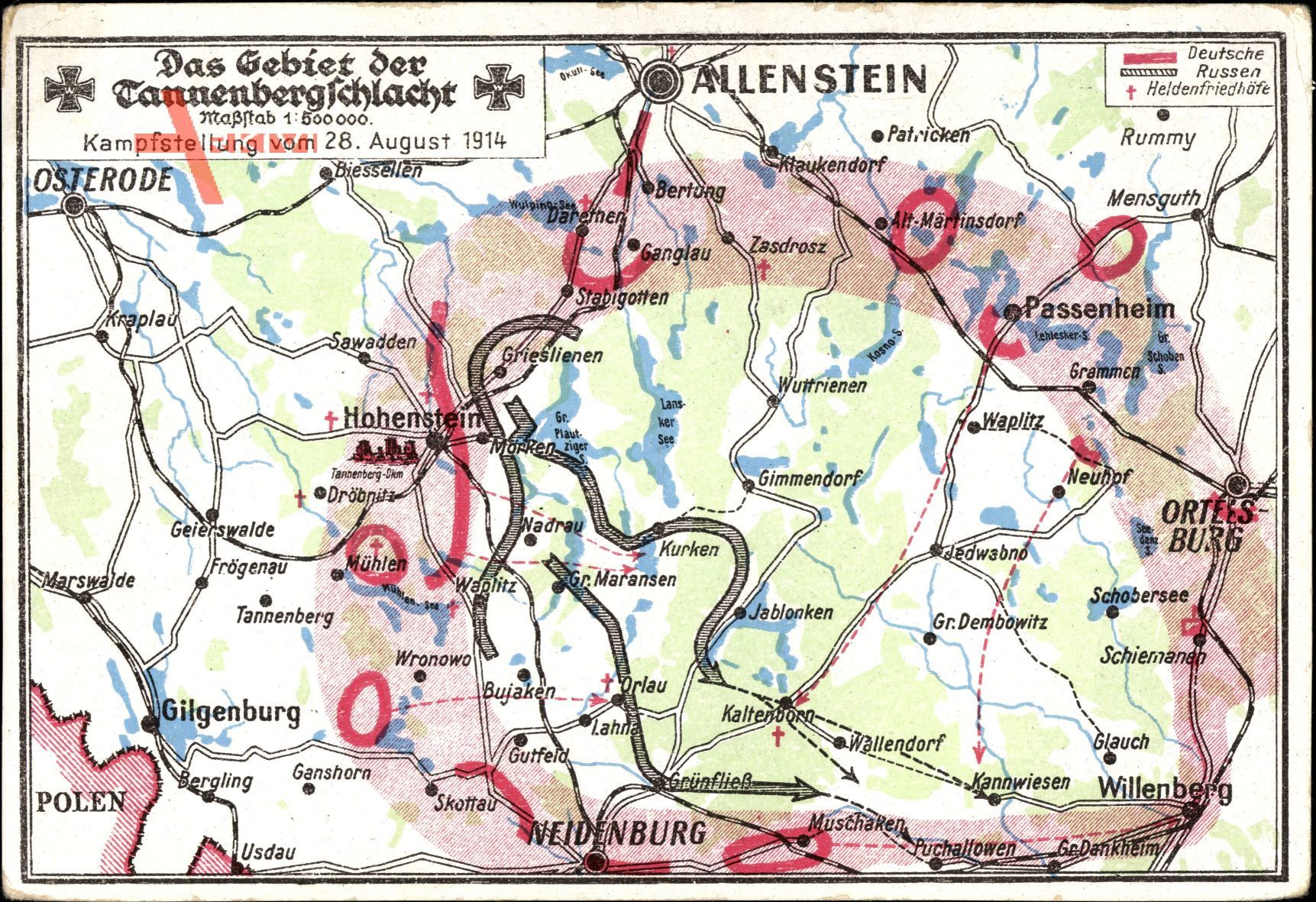 Landkarten Olsztyn Allenstein Ostpreußen, Gebiet der Tannenbergschlacht