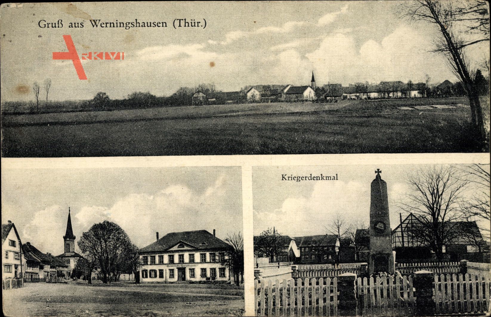 Werningshausen Thüringen, Kriegerdenkmal, Gasthaus, Kirche, Totale
