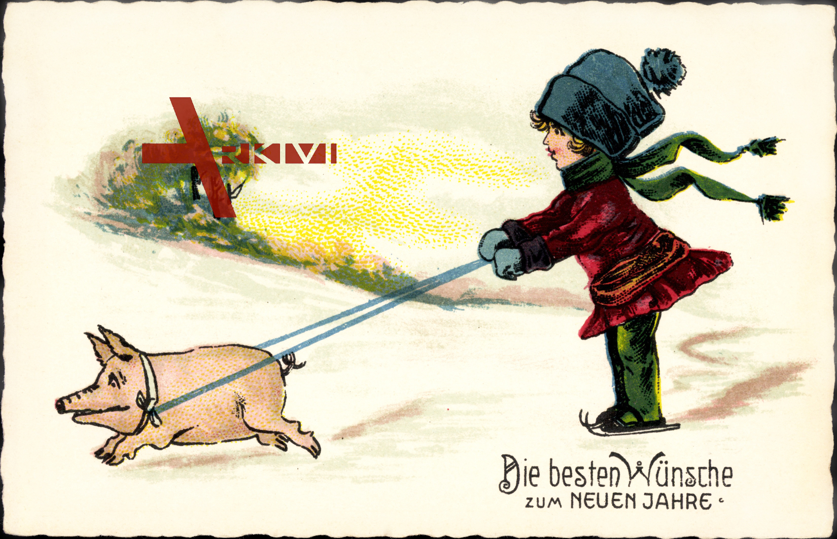 Glückwunsch Neujahr, Eisläuferin mit Schwein als Zugtier