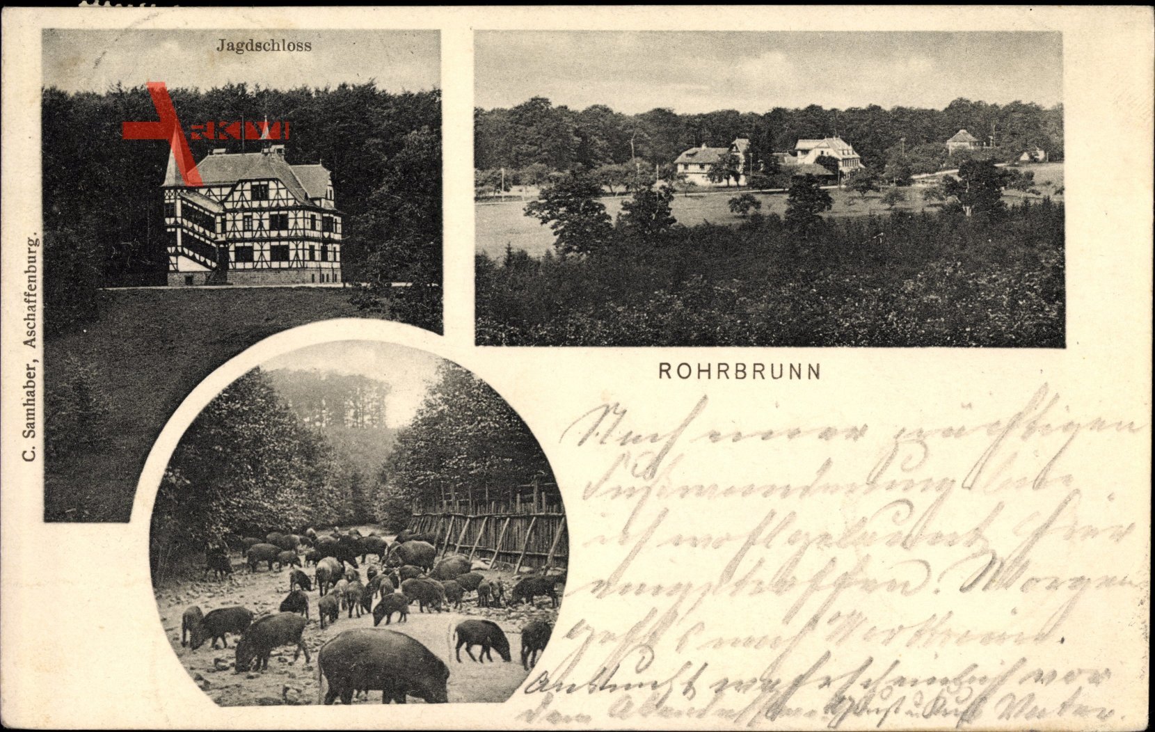 Rohrbrunn Weibersbrunn in Bayern, Jagdschloss, Wildschweine, Totalansicht