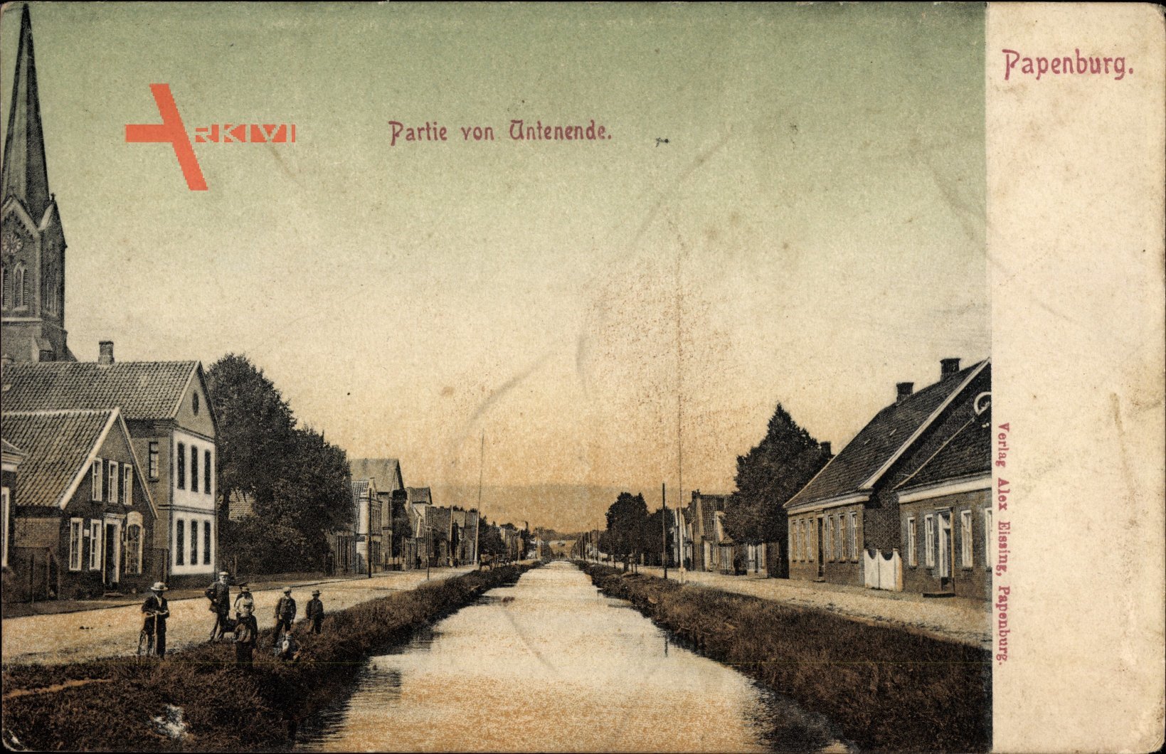 Papenburg im Emsland, Partie von Antenende, Fluss, Kinder, Häuser