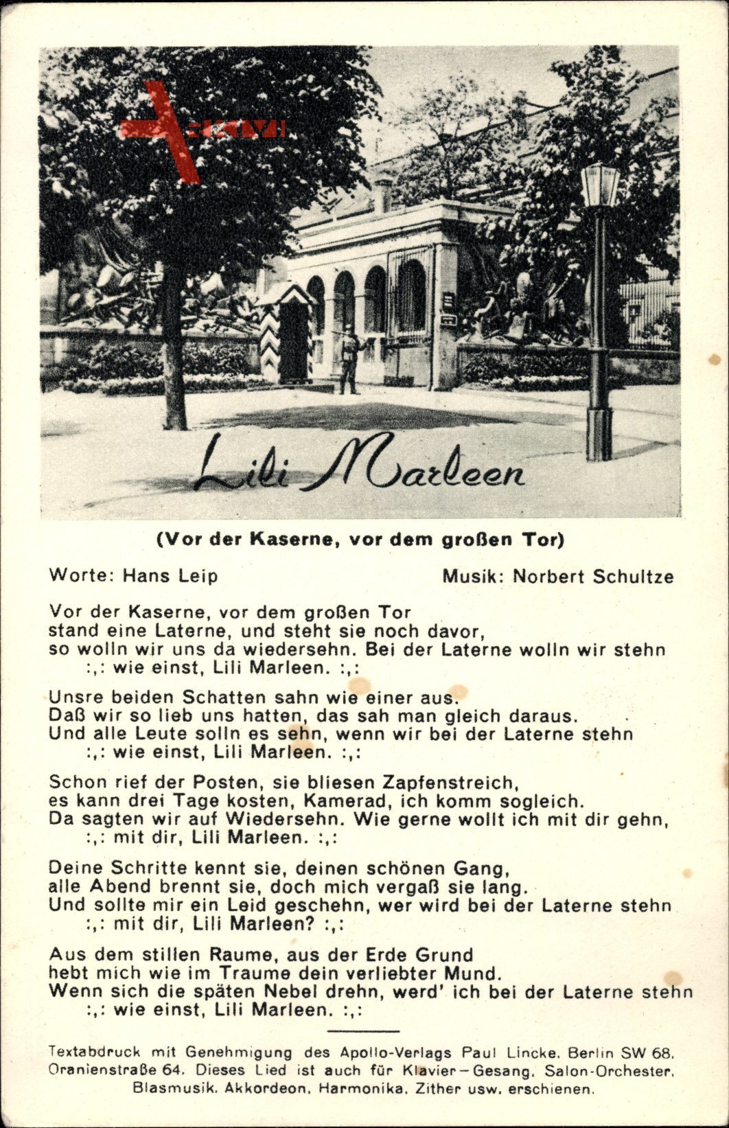 Lied Lili Marleen, Vor der Kaserne, Hans Leip, Norbert Schultze