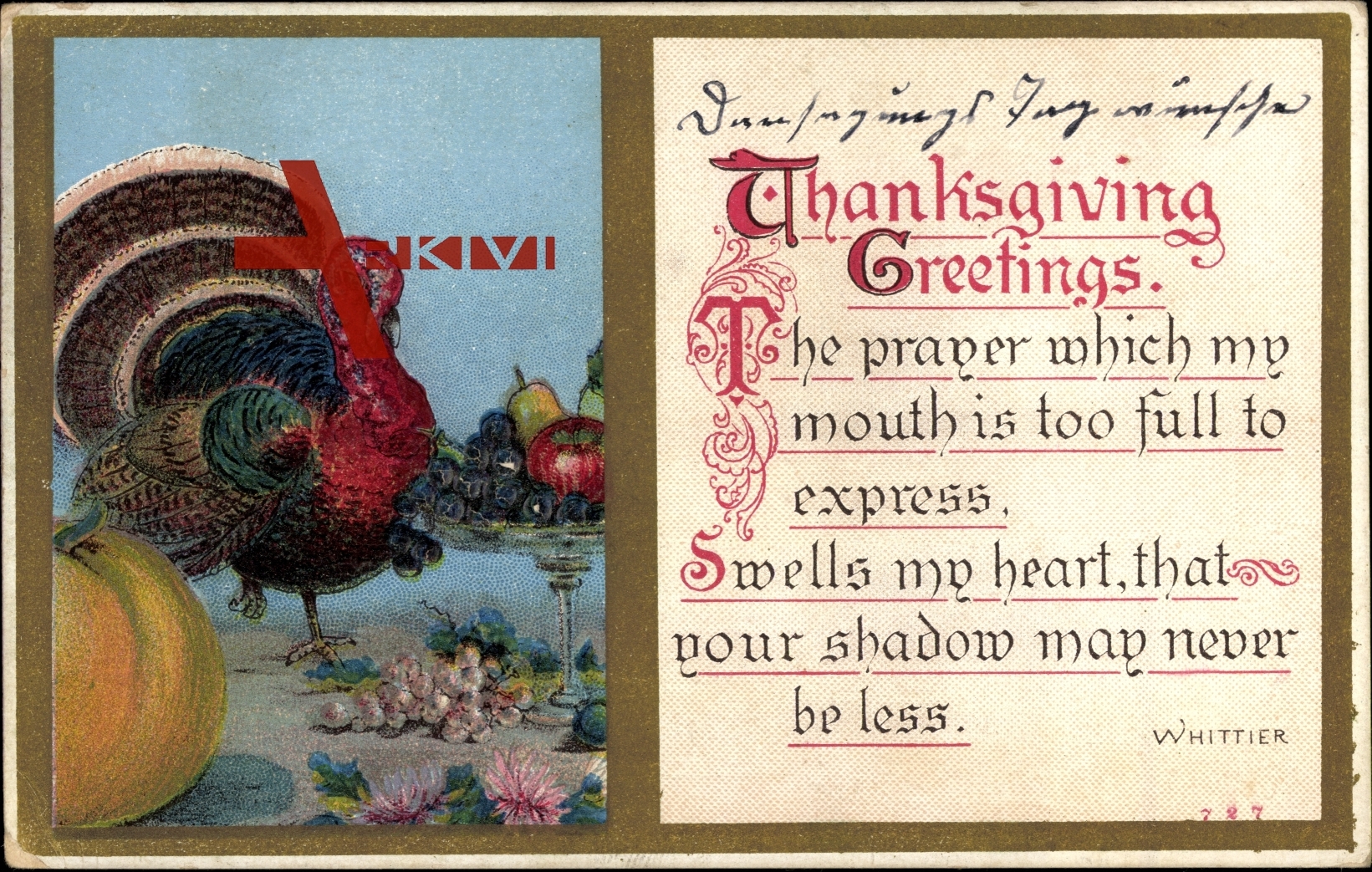 Thanksgiving Spruch von Whittier und Truthahn zwischen Kürbis und Obstschale um 1910