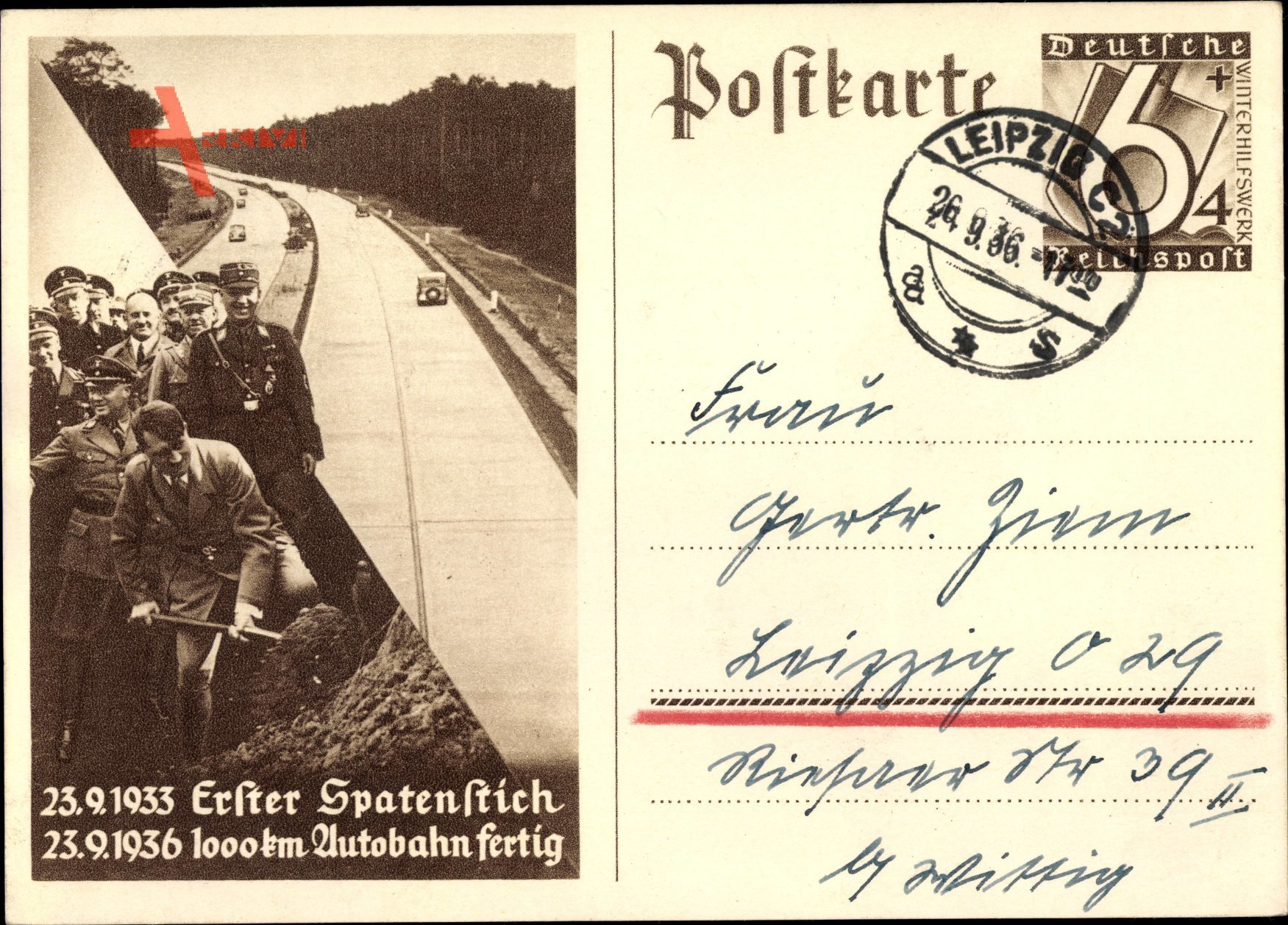 Ganzsachen Erster Spatenstich am 23.09.1933, Autobahnbau, Adolf Hitler, 1000 km Autobahn fertig