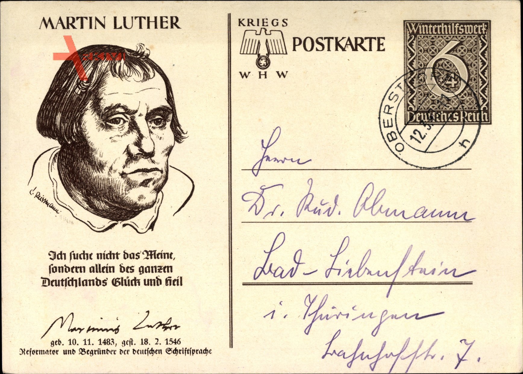 Ganzsachen Reformator Martin Luther, Kriegs WHW, 6+4 Pfennig