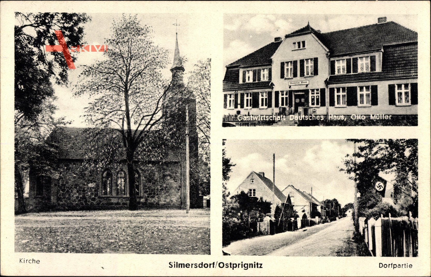 Silmersdorf Triglitz Prignitz, Gastwirtschaft Deutsches Haus, Inh. Otto Müller, Straße, Kirche