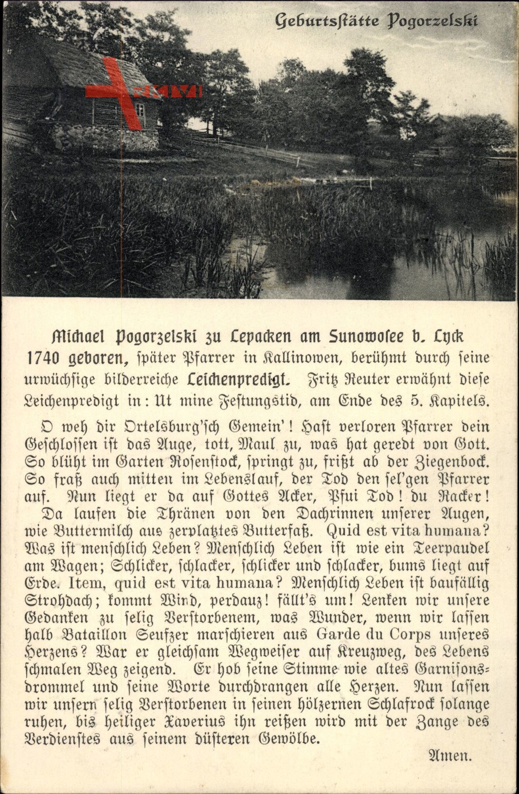 Lepaki Wielkie Lepacken am Sunowasee bei Lyck Ostpreußen, Geburtsstätte Michael Pogorzelski